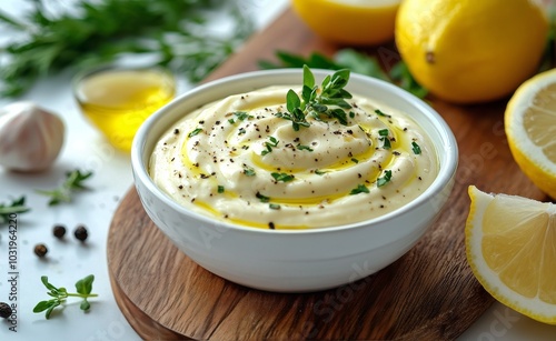 Creamy lemon herb butter garnished with fresh thyme on a wooden board in a br...