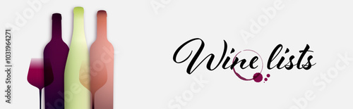 Horizontal banner template with silhouette drawing of wine glasses and bottles. Vector illustration