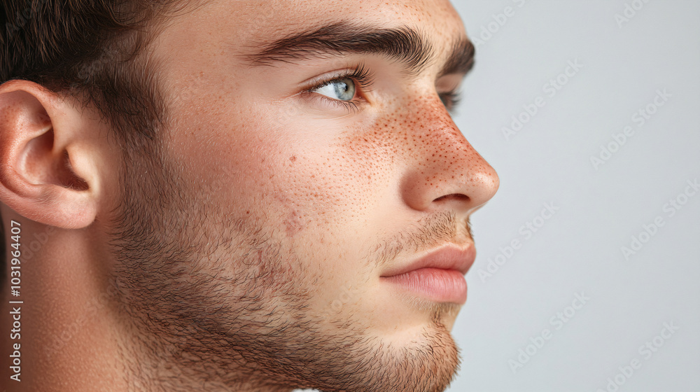 Closeup man face with red pimples, inflammation on face and problem skin. Acne, rosacea and couperose therapy. Facial treatment skincare routine and hygiene Cosmetic and beauty banner with copy space Closeup man face with red pimples, inflammation on face and problem skin. Acne, rosacea and couperose therapy. Facial treatment skincare routine and hygiene Cosmetic and beauty banner with copy space