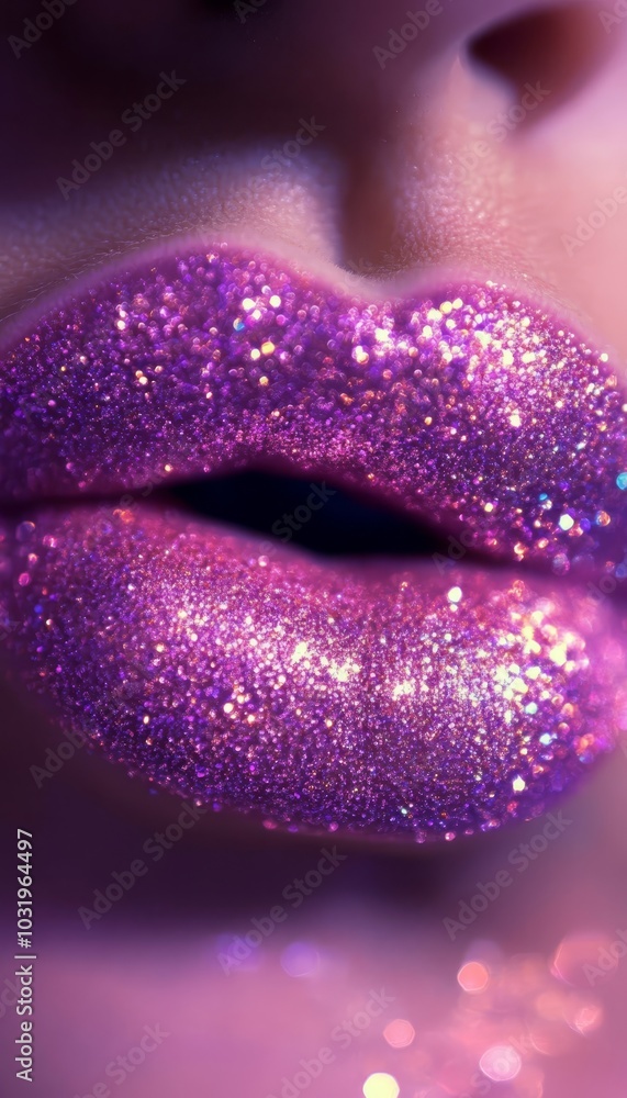 Close-up of Plump, Sparkly Purple Lips Adorned with Glitter Makeup, A Beauty and Glamour Shot Close-up of Plump, Sparkly Purple Lips Adorned with Glitter Makeup, A Beauty and Glamour Shot