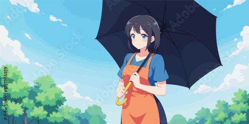 Anime girl with umbrella in park 
