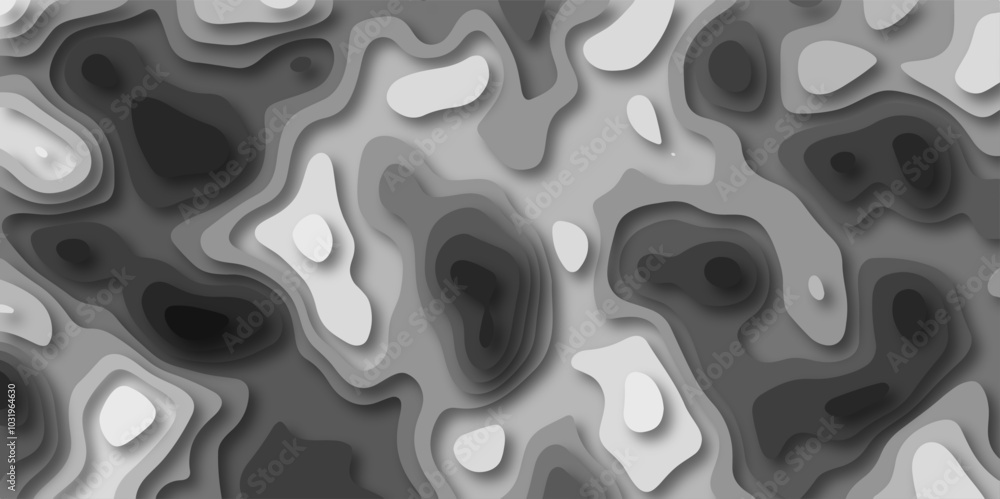 3D Stylized Gray Topographic Contour Scheme and Terrain. Geographic mountain terrain. Contour map background. 3D Cartographic Weave with seamless striped patterns and wavy Shapes. 3D Stylized Gray Topographic Contour Scheme and Terrain. Geographic mountain terrain. Contour map background. 3D Cartographic Weave with seamless striped patterns and wavy Shapes.