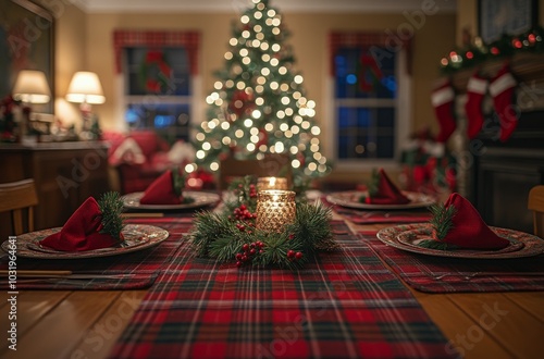 A cozy Christmas dining setup with a decorated tree, stockings and warm firep...
