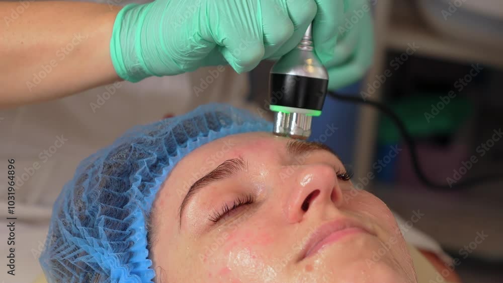 Hardware cosmetology of face close up. Professional moisturizing and rejuvenating. Beautician in gloves conducts ultrasonic cavitation face contouring procedure of young woman in cosmetology clinic Hardware cosmetology of face close up. Professional moisturizing and rejuvenating. Beautician in gloves conducts ultrasonic cavitation face contouring procedure of young woman in cosmetology clinic