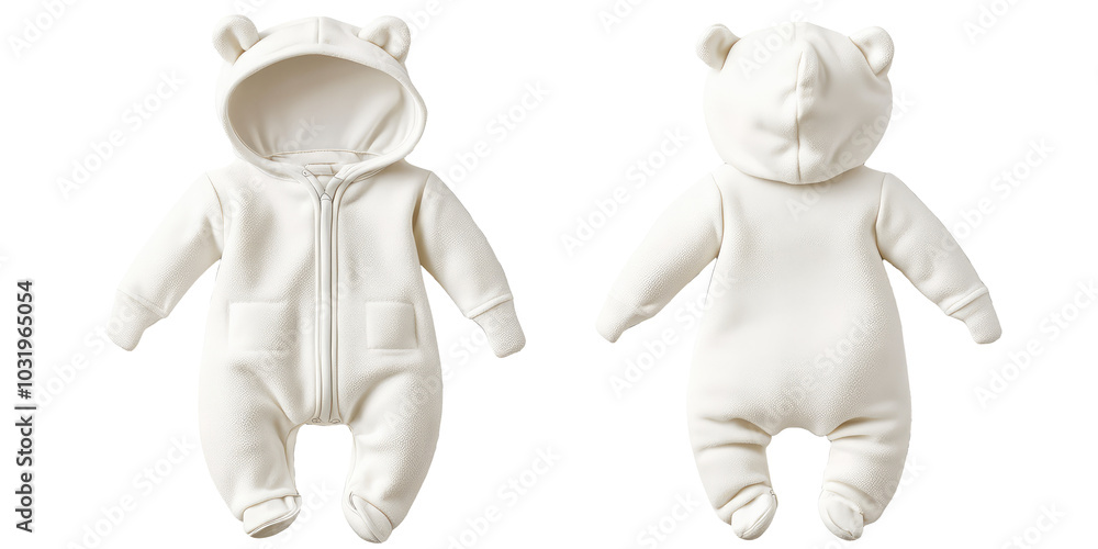 Fototapeta premium White Infant baby Bodysuit romper playsuit jumpsuit creeper front and back view. Blank mockup design on transparent cutout background, PNG file. Mockup clipart template