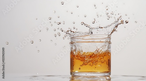 High-speed shot of a drop causing a splash in a glass jar on a white background