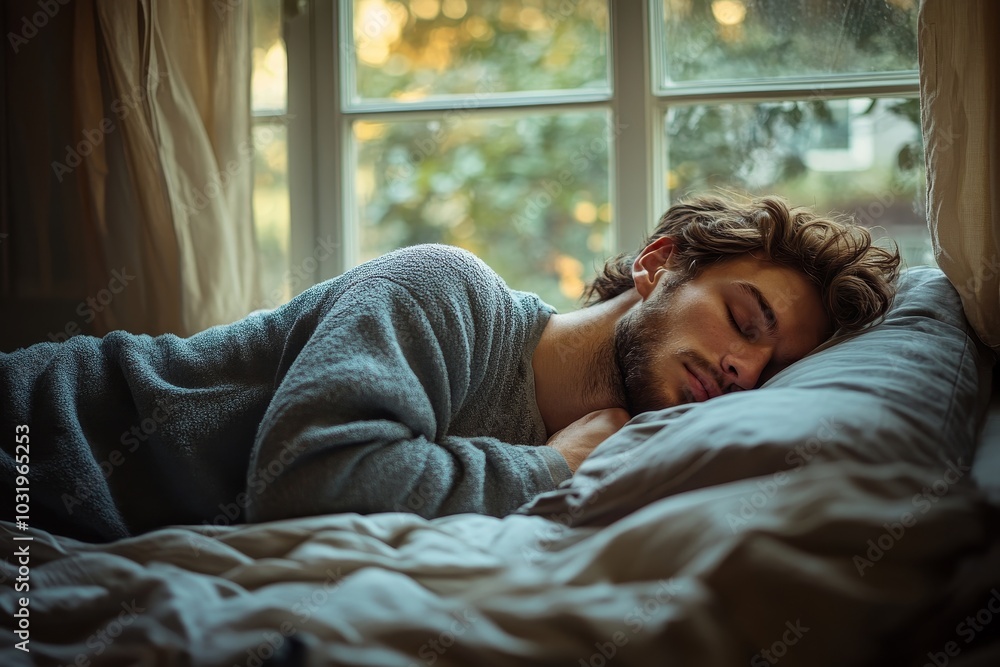 Handsome peaceful man sleeping in his bed opposite the window, Generative AI Handsome peaceful man sleeping in his bed opposite the window, Generative AI