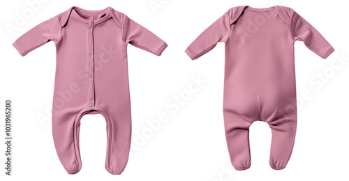 Pink Infant baby Bodysuit romper playsuit jumpsuit creeper front and back view. Blank mockup design on transparent cutout background, PNG file. Mockup clipart template photo