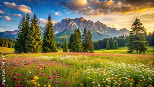 Scenic Meadow with Fir Trees at the Foot of Piatra Secuiului Mountain in Romania â€“ Nature, Landscape, Outdoor Adventure, Travel Destination, Forest, Hills, Scenic Views, Tranquility, Beauty photo