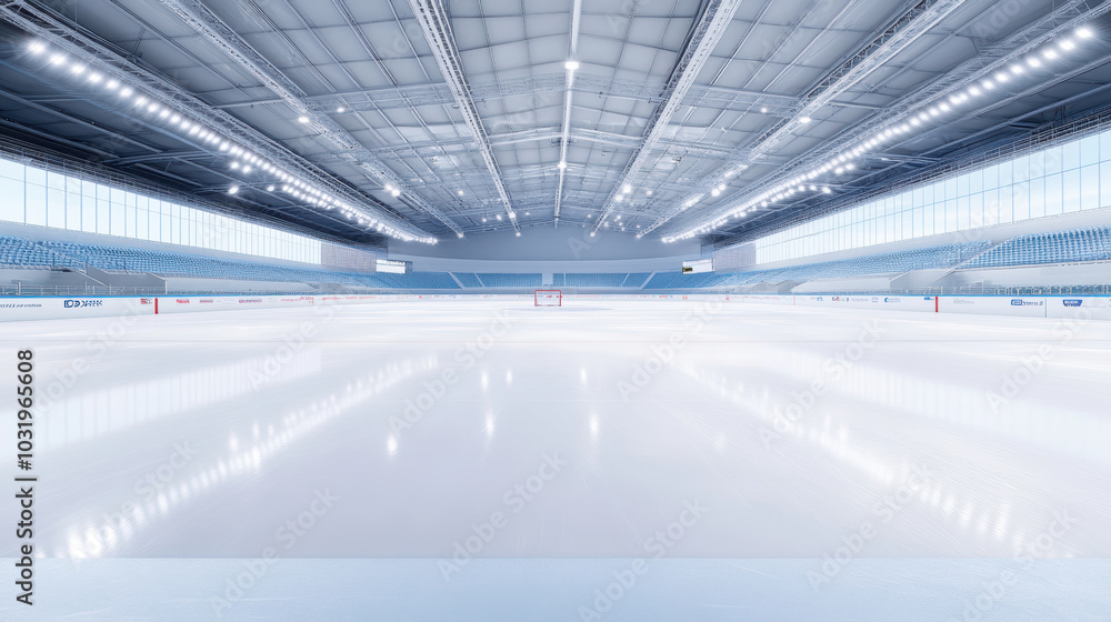 Modern ice hockey arena with well-lit ice rink, surrounded by empty spectator seating. Modern ice hockey arena with well-lit ice rink, surrounded by empty spectator seating.