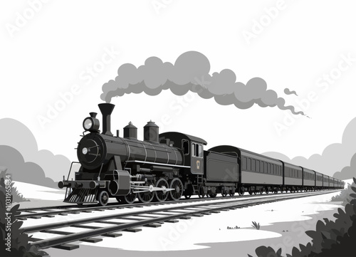 Black Steam Train on Tracks with Smoke 
