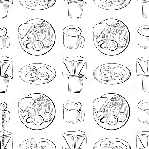 vector seamless pattern line art elements - food, cuisine breakfast plate with eggs, cheese, vegetables and lavash, cottage cheese pancakes, fresh coffee