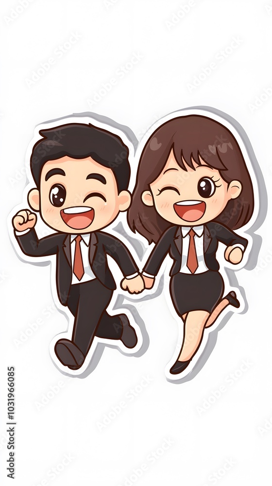 A cartoon sticker of three office workers, one male and two females, all wearing business attire and smiling while running with excitement A cartoon sticker of three office workers, one male and two females, all wearing business attire and smiling while running with excitement