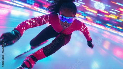 Young girl, speed skater in vibrant colors races forward, neon-lit ice reflecting swift movements photo