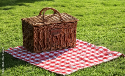 A rustic picnic basket placed on a red checkered blanket in a sunny park