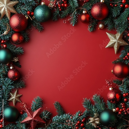 Decorative holiday wreath with colorful ornaments and festive accents on a re...