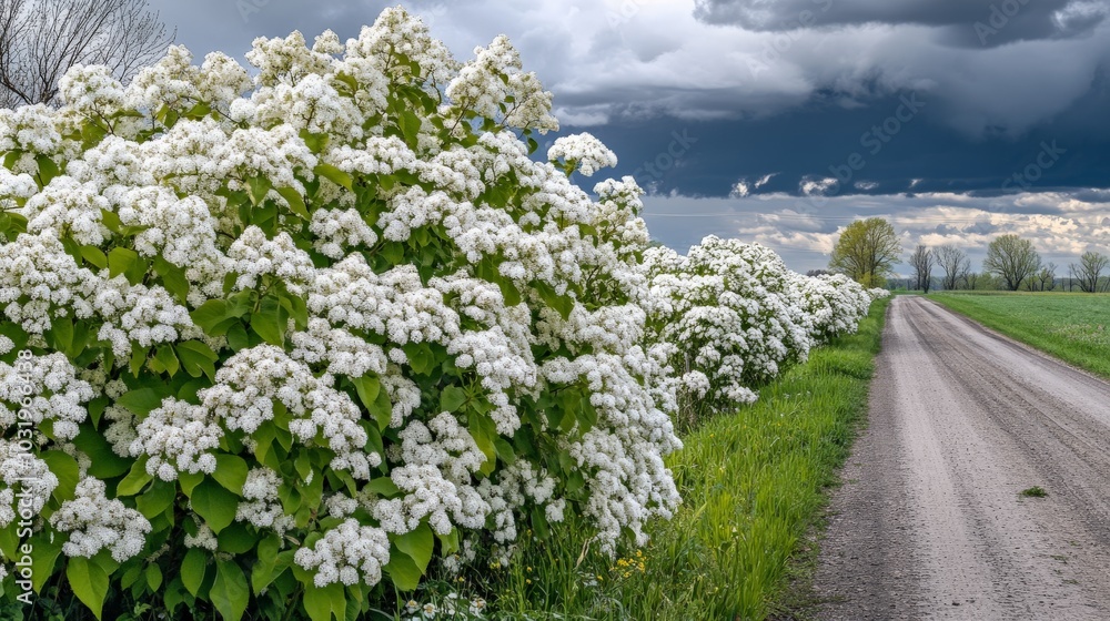 Fototapeta premium Vibrant Springtime Scene with Blooming Shrubs and Stormy Skies