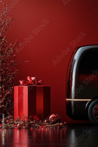 A decorative red gift box sits alone against a textured wall in warm afternoo...