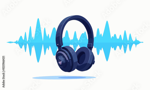 Blue Headphones with Sound Waves 
