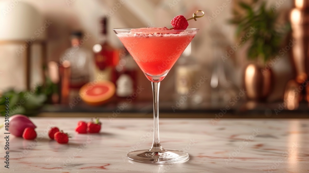 A vibrant raspberry cocktail elegantly served on a marble bar top surrounded by fresh ingredients and soft lighting. Generative AI A vibrant raspberry cocktail elegantly served on a marble bar top surrounded by fresh ingredients and soft lighting. Generative AI