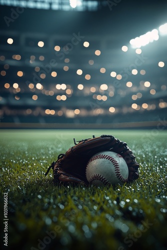 Nighttime baseball setting with a glove, cap, and ball on the lush green grass