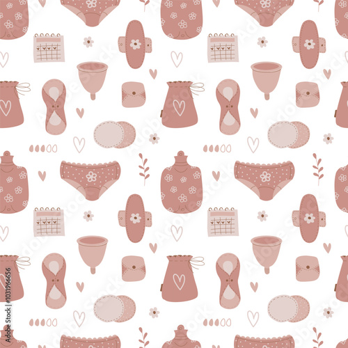Eco-friendly pattern with reusable feminine hygiene products during menstruation. Cloth pad, bowl, heating pad, calendar of critical days