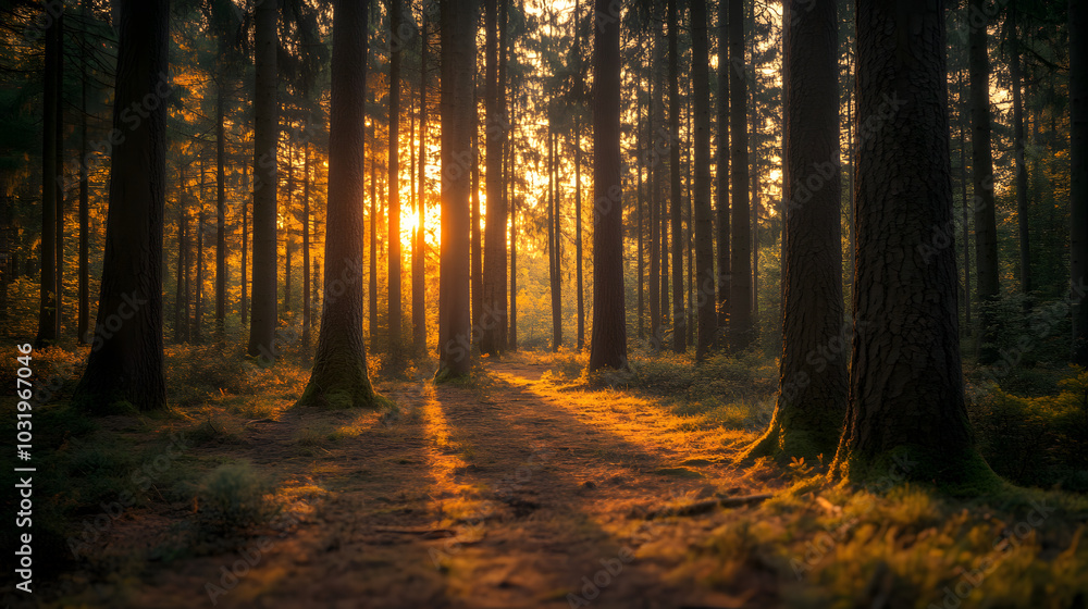 Obraz premium Golden Hour Sunlight Through Forest Trees Woodland Path Nature Background