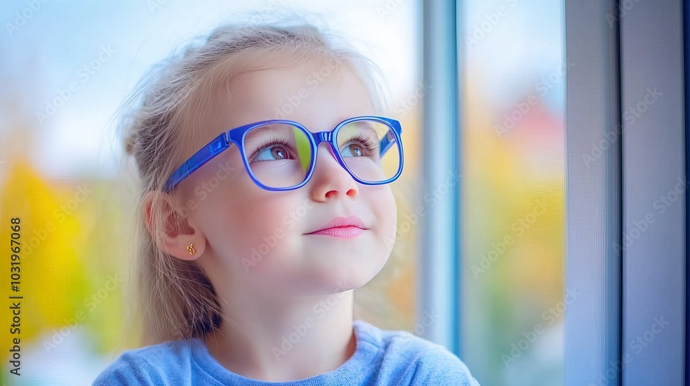 Young child wearing blue glasses focusing on distant tree outside window, symbolizing myopia prevention and importance of outdoor activities. Young child wearing blue glasses focusing on distant tree outside window, symbolizing myopia prevention and importance of outdoor activities.