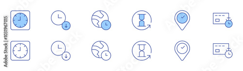 Time icon set in two styles, Duotone and Thin Line style. Editable stroke. hourglass, place, timer, clock, down time, earth hour