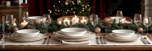 Elegant Christmas dinner table setting with candles and festive decor in a co...