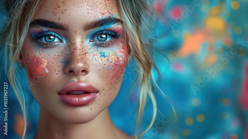 Vibrant portrait of a model with colorful makeup and striking blue eyes against an artistic background. Generative AI