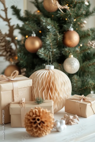 Decorative ornaments and wrapped gifts under a snowy Christmas tree in a cozy...