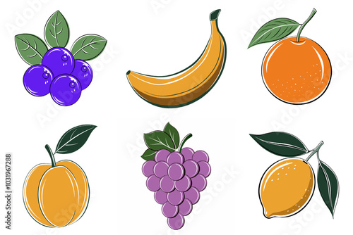 A set of fruit images, including a banana, orange, and plum