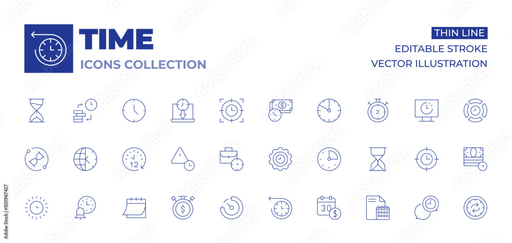 Time icons collection. Thin Line icons, editable stroke. job, process, remain, sun, hours, minutes, calendar, expired, sale time, time, time management, time zone