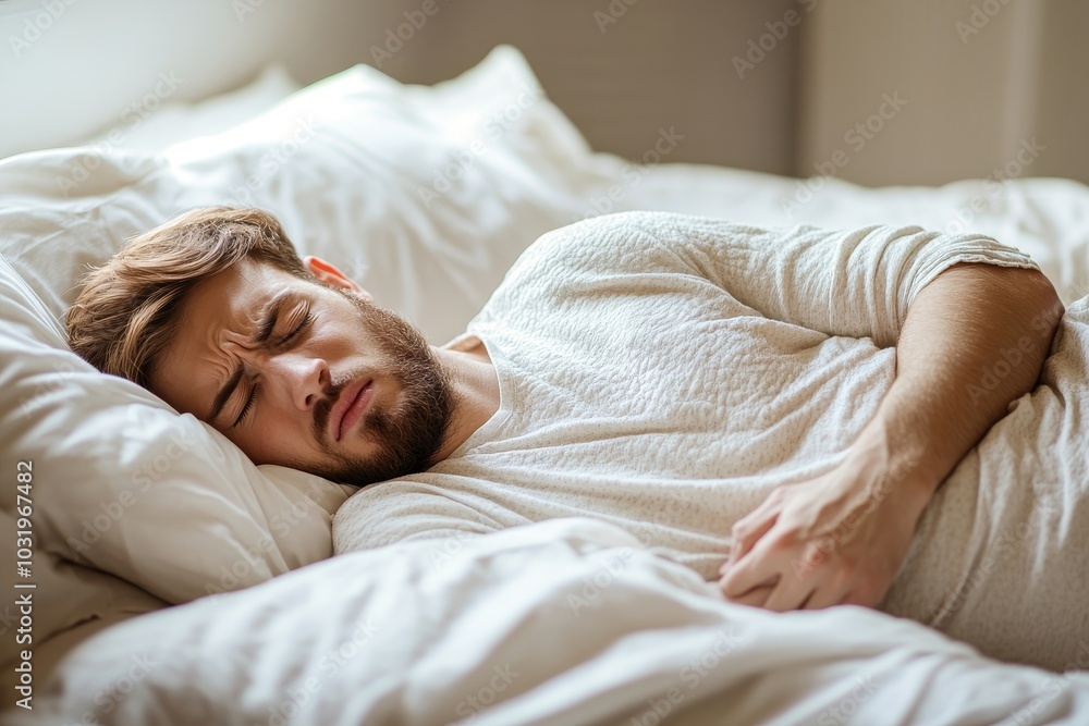 Side view of a young bearded man in pajamas lying in bed with his eyes closed and suffering from stomach pain, Generative AI Side view of a young bearded man in pajamas lying in bed with his eyes closed and suffering from stomach pain, Generative AI