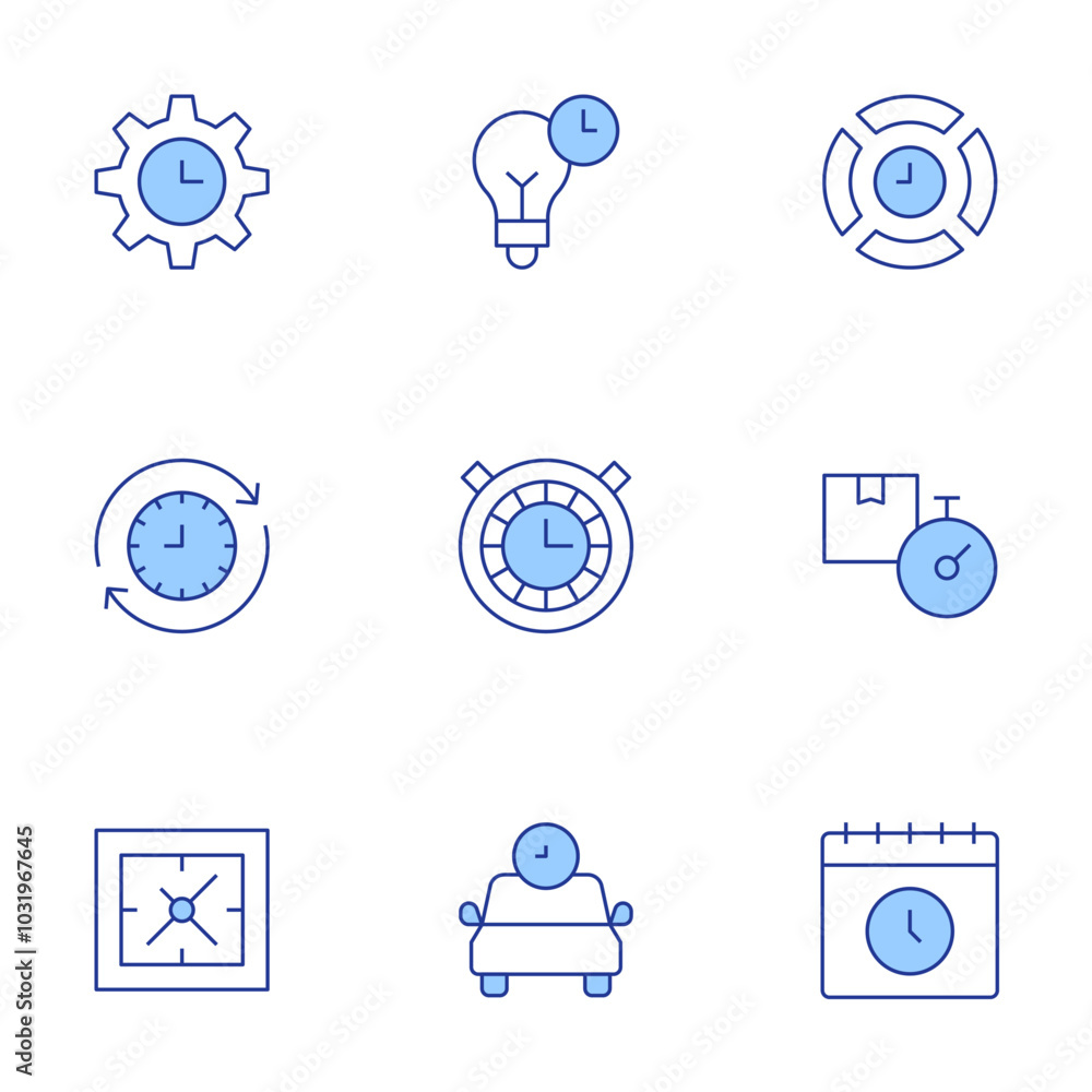Time icons set. Line Duotone style, editable stroke. taxi, time travel, time management, timer, time, calendar, delivery time Time icons set. Line Duotone style, editable stroke. taxi, time travel, time management, timer, time, calendar, delivery time