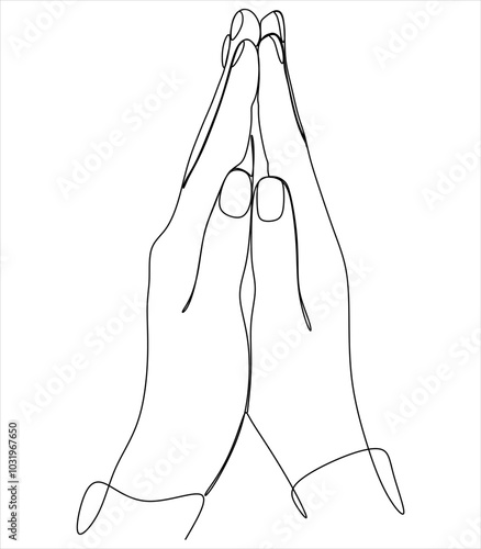 Continuous one line drawing of hands folded in prayer, line art vector illustration. 