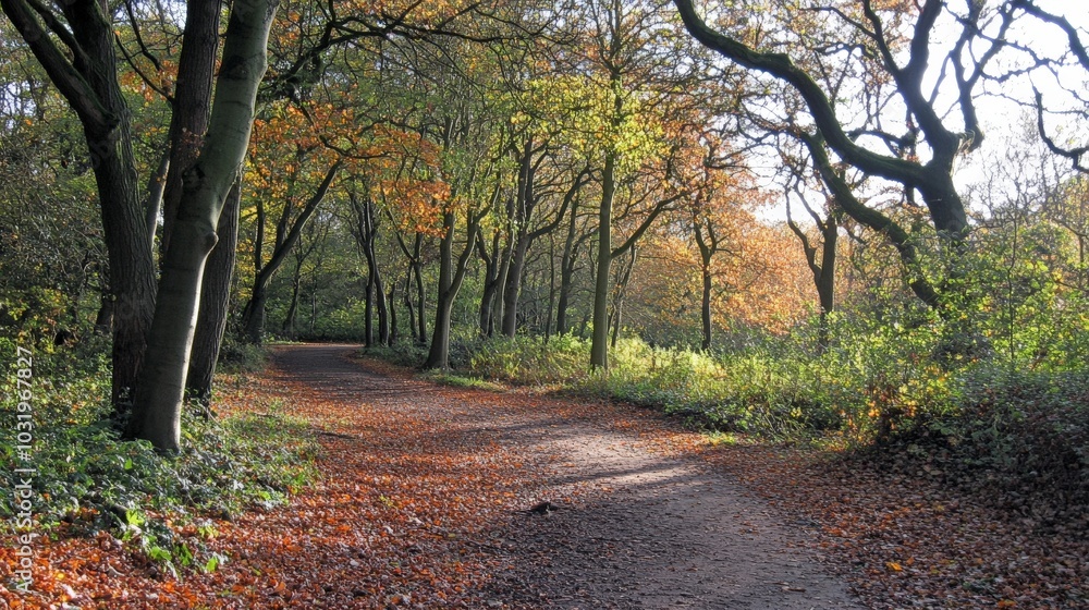 Naklejka premium Picturesque Autumn Forest Path Surrounded by Vibrant Foliage