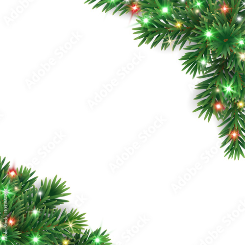Christmas tree decoration. Holiday fir tree garland, festive corner. Winter season frame, realistic spruce branch with colorful red and green Christmas lights. Transparent background in vector file.