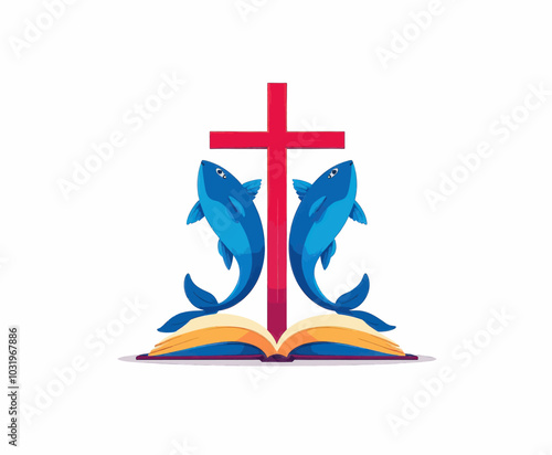Christian Symbol with Fish and Cross on Open Book