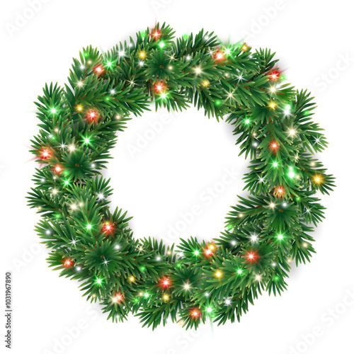 Christmas wreath with colorful red and green Christmas lights. Christmas tree decoration. Holiday fir tree garland. Festive winter season frame, spruce branches. Transparent background in vector file.