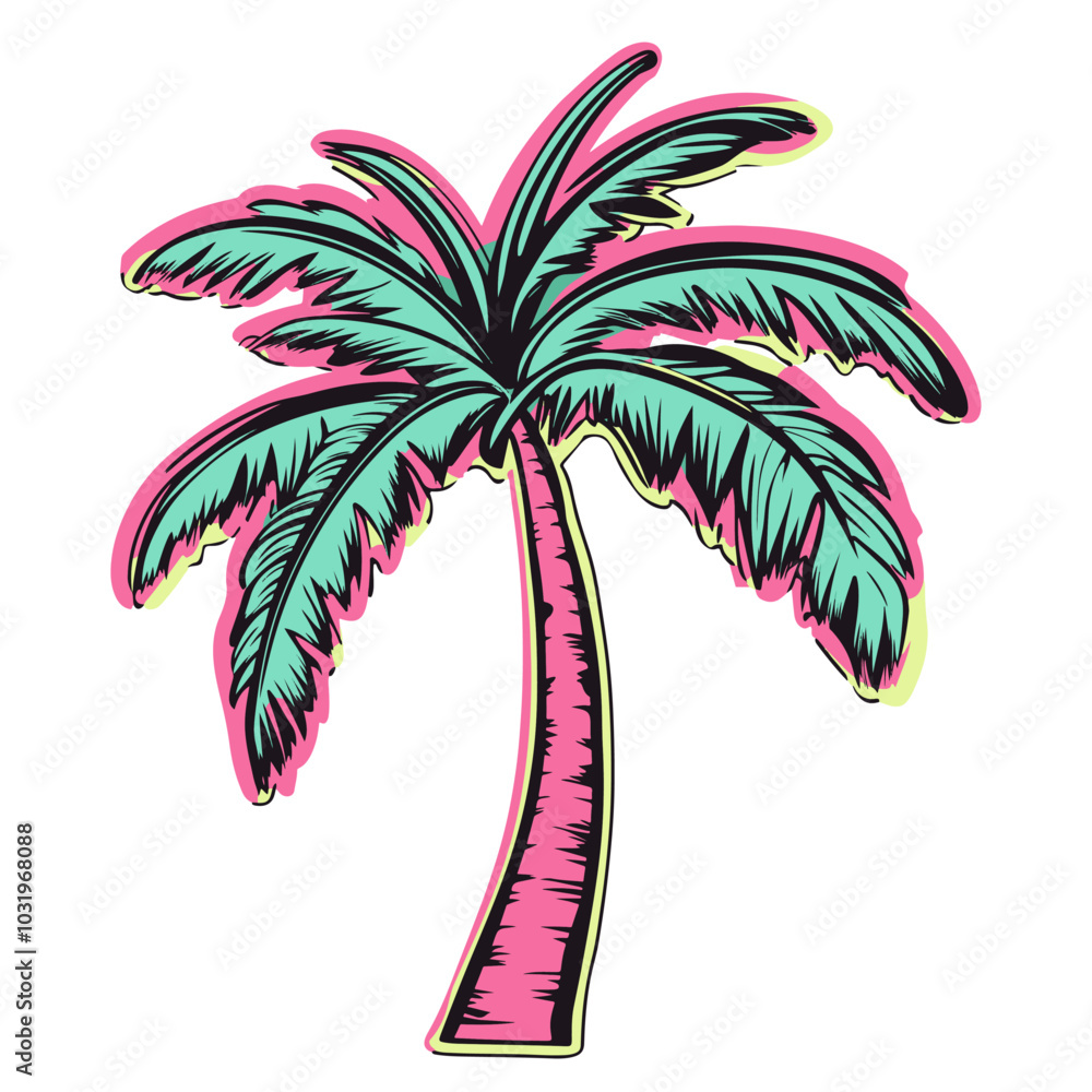 colorful vector palm tree 2d for exotic vacation pictures or t-shirts, generative AI