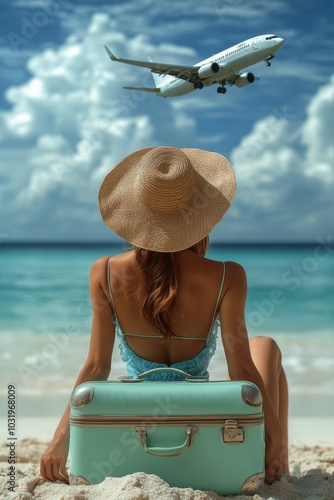 Woman waiting at the beach with suitcase as airplane flies overhead on a sunn...