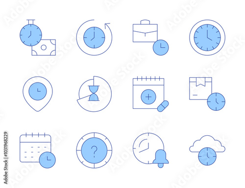 Time icons. Line Duotone style, editable stroke. part time, calendar, clock, time management, time, schedule, lead time, lose, back in time
