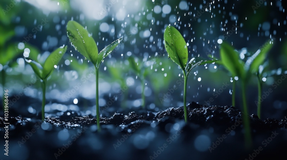 Fresh Green Shoots Emerging From Soil During Rainfall Fresh Green Shoots Emerging From Soil During Rainfall