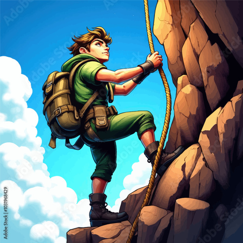 Climber Ascending Rocky Cliff with Rope  
