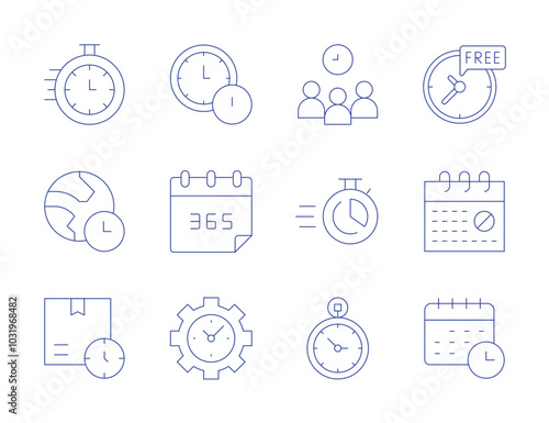 Time icons. Thin Line style, editable stroke. deadline, teamwork, free time, no weekend, schedule, time, alarm clock, calendar, clock, delivery time, earth hour