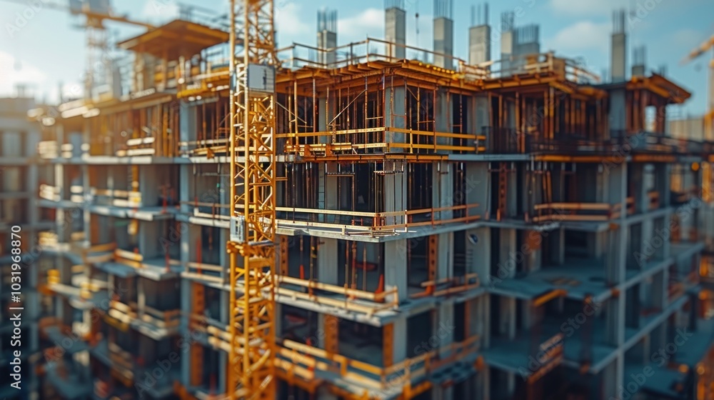Vibrant construction site buzzing with activity during a sunny day in an urban environment. Generative AI Vibrant construction site buzzing with activity during a sunny day in an urban environment. Generative AI
