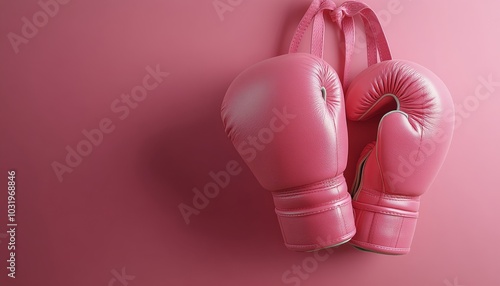 A vibrant pink boxing glove resting against a pastel pink wall in creative li...