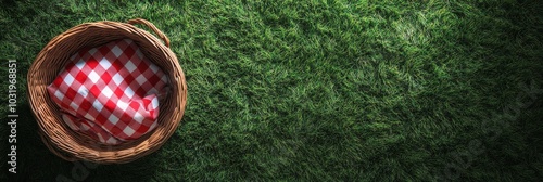 A woven basket rests on vibrant green grass with a red and white checkered cl...